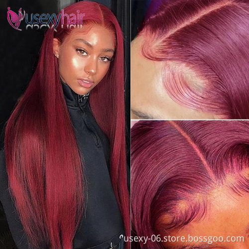 99J Burgundy Red Color Customized Texture Long 40-50 Inches Brazilian Cuticle Aligned Hair Lace Front Wigs